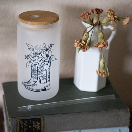 Boots with Flowers Frosted Glass Cup with Bamboo Lid